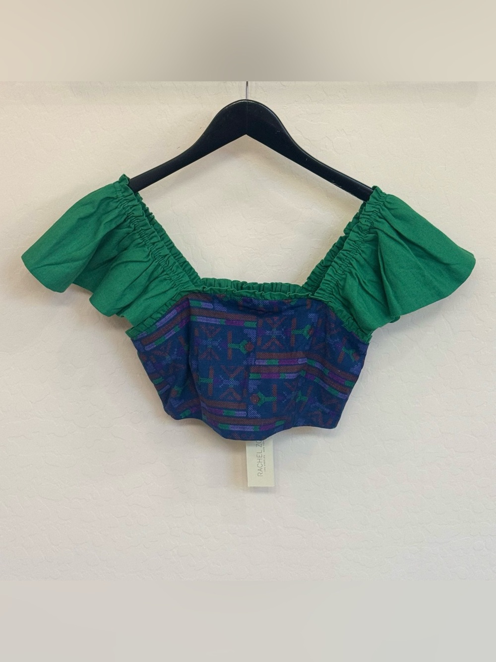 Rachel Zoe Green Ruffle Sleeve Geometric Print Linen Crop Top Size XS NWT